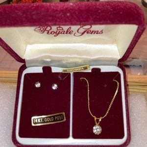 Set of CZ Pendant Necklace and Round CZ Stud Earrings on 14k GF Posts for Teen